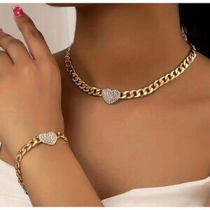 14K Gold Plated Chain Necklace & Bracelet Set With Rhinestone Heart